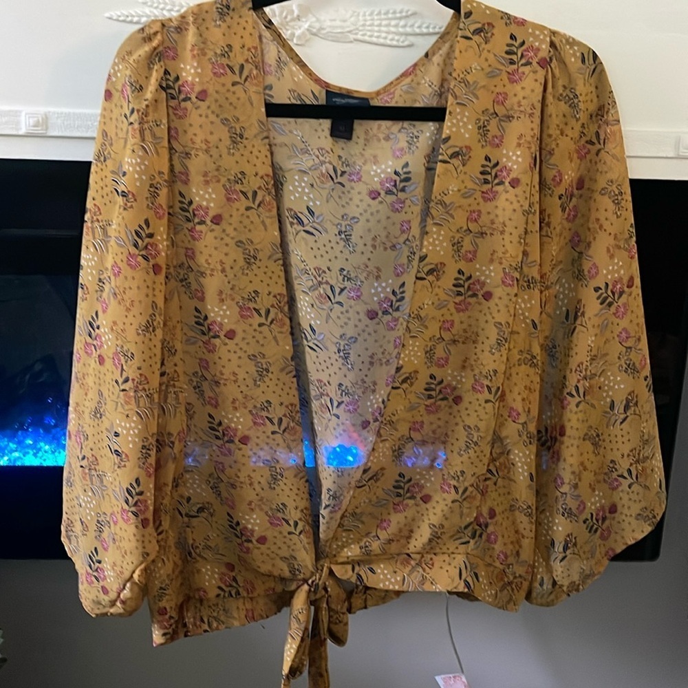 Daytrip Women's M Mustard Yellow Floral Chiffon Blouse Boho Long Sleeve Top